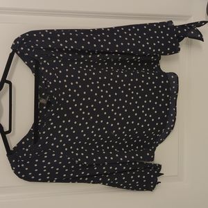 Aqua off shoulder blouse navy and white polka dots